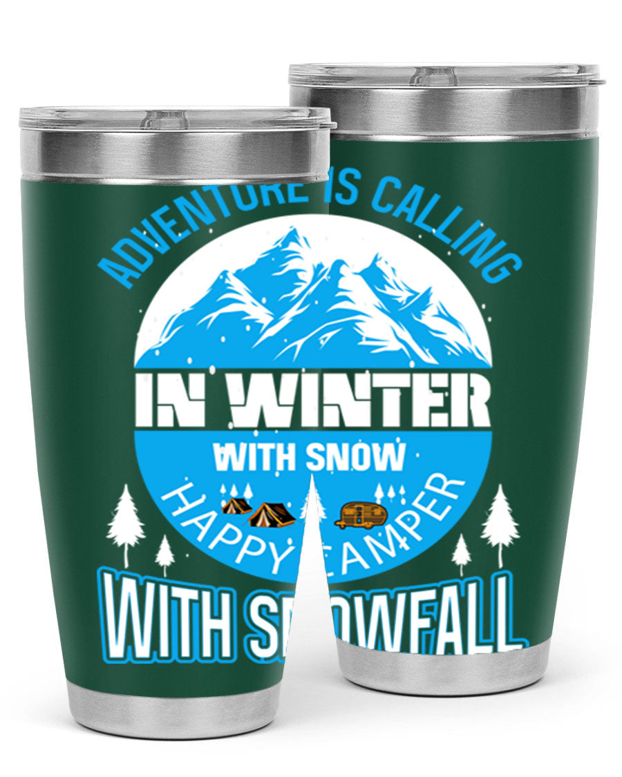 Camping Winter 39# Tumbler in stainless steel with a drink-thru lid, showcasing its sleek design and double wall insulation.